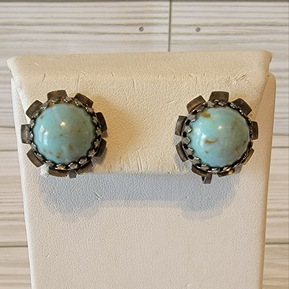Vintage Blue Cabochon Antiqued Silver Tone Screw Back Statement Earrings